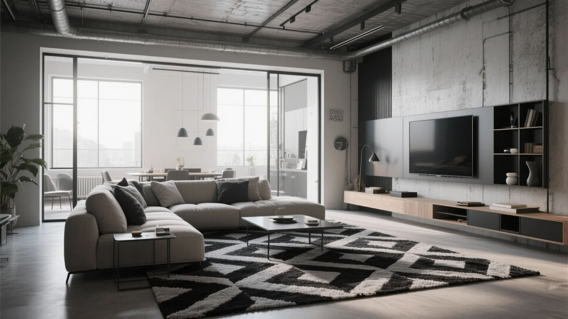 Industrial living room featuring concrete walls geometric rug large grey sofa and wall mounted television