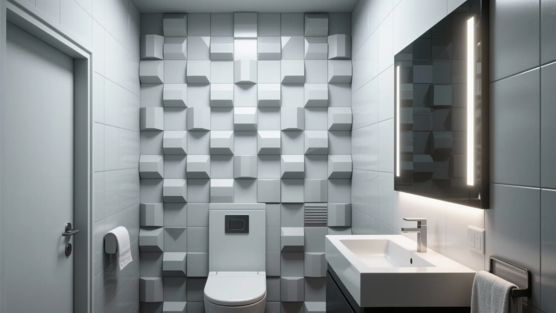Modern bathroom with grey geometric 3D wall tiles, white toilet, sink, and lighted wall mirror