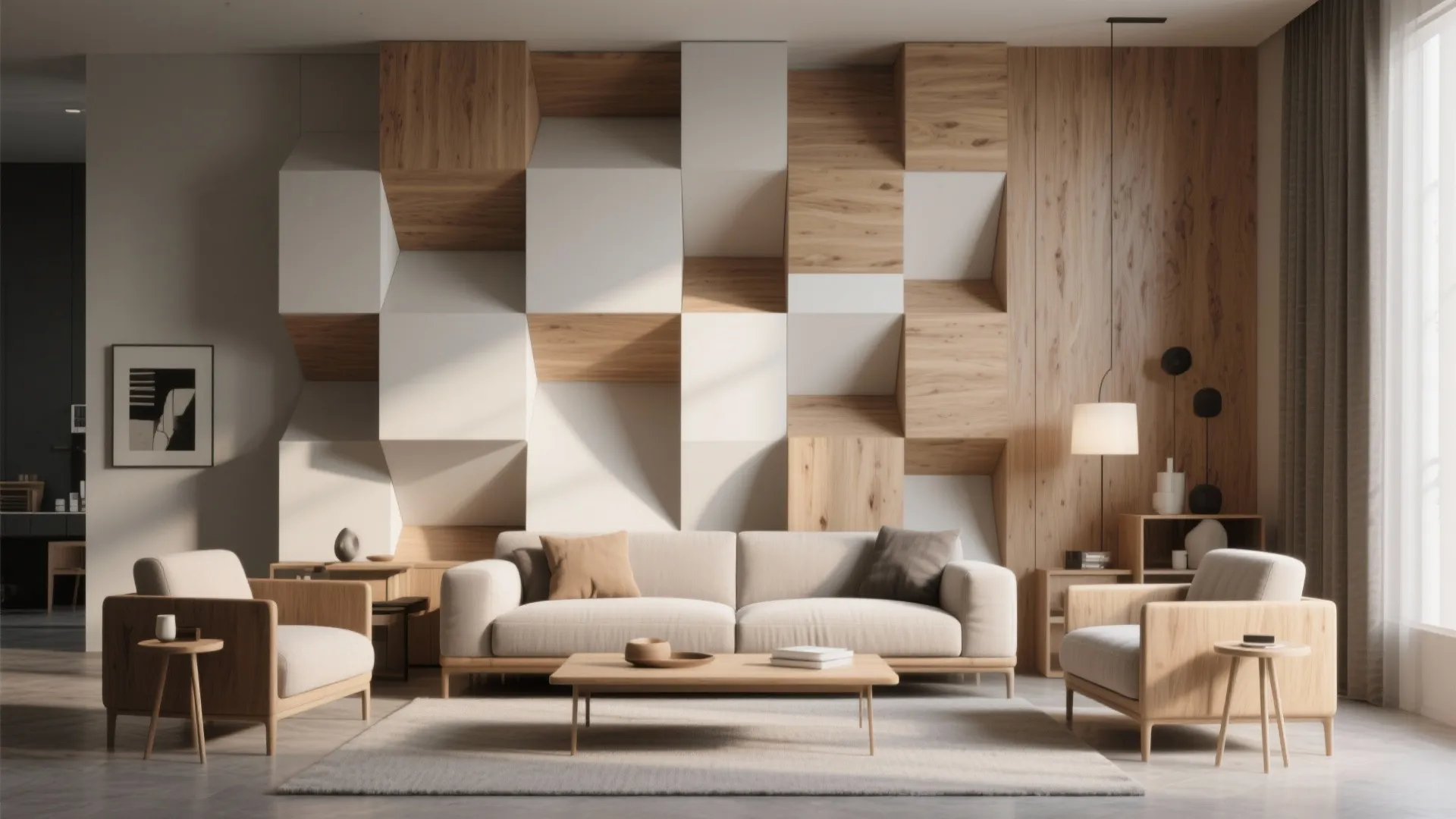 Modern living room with geometric 3D wall panel cream sofa coffee table and wooden furniture