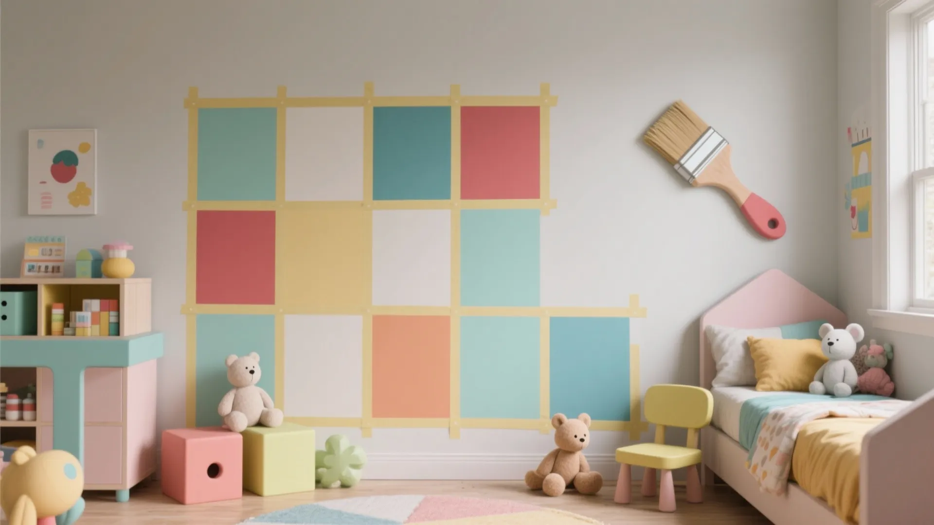 Colorful kids bedroom with geometric wall paint blocks bed teddy bears and small yellow chair furniture
