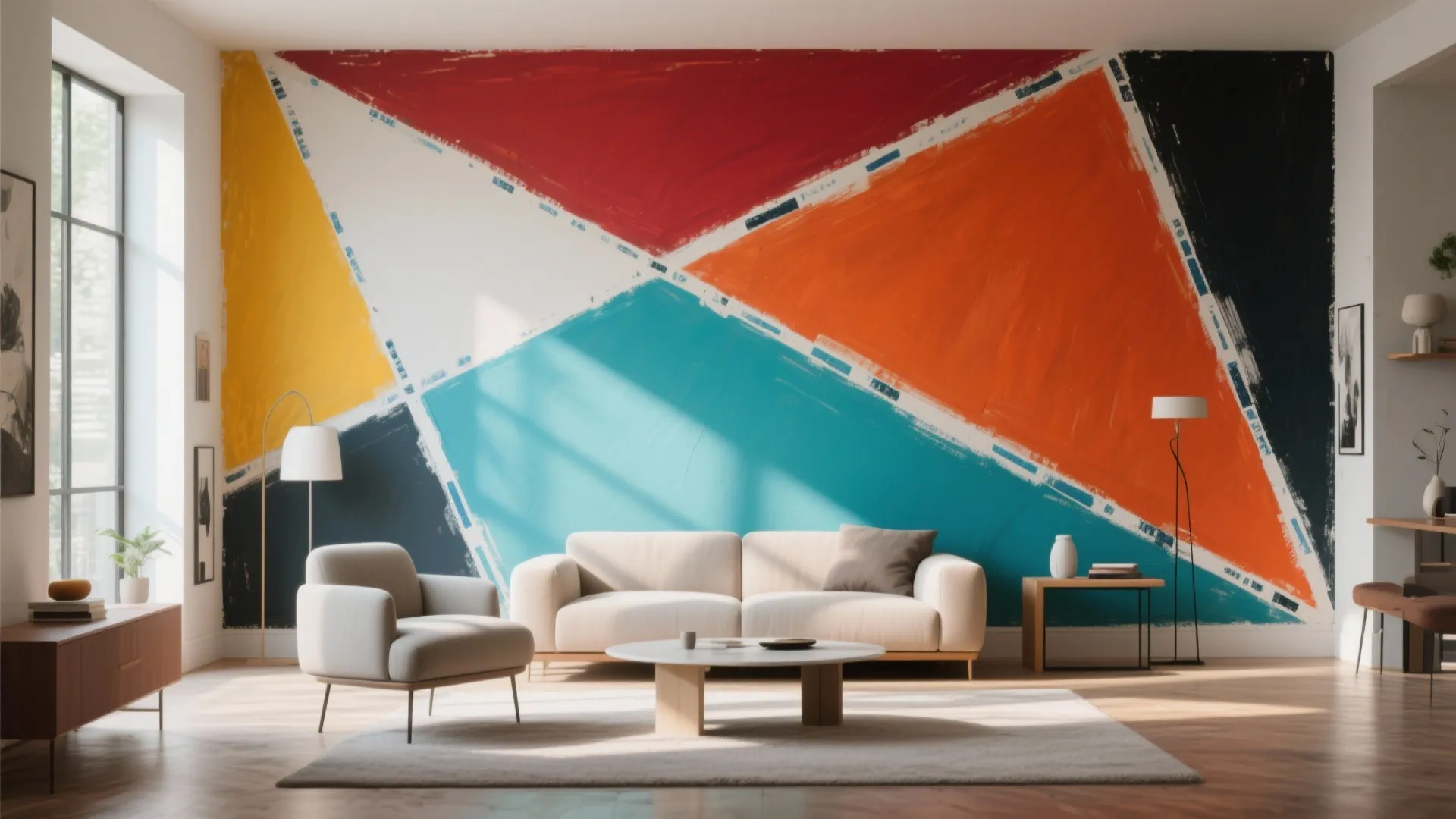 Modern living room with a colorful geometric wall design white sofa and minimalist light fixture