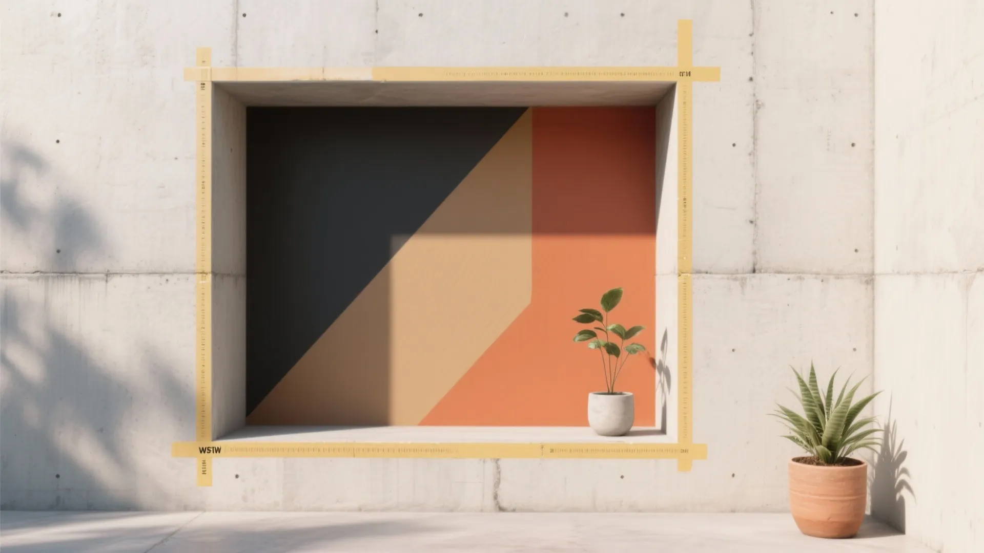 Modern concrete wall featuring a square opening with colorful geometric paint designs and green potted plants