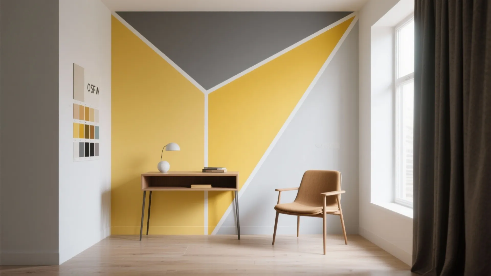Modern room with yellow and grey geometric wall mural wooden desk tan chair and light