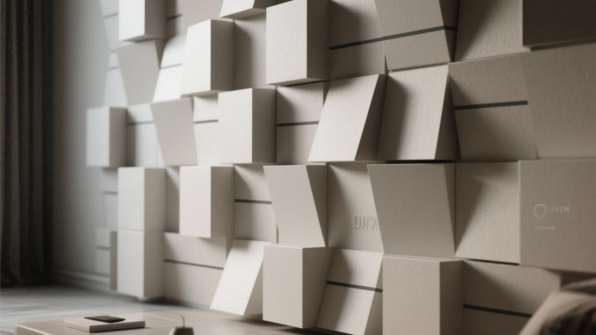 Modern interior wall design featuring 3D cream colored geometric panels that create a unique pattern