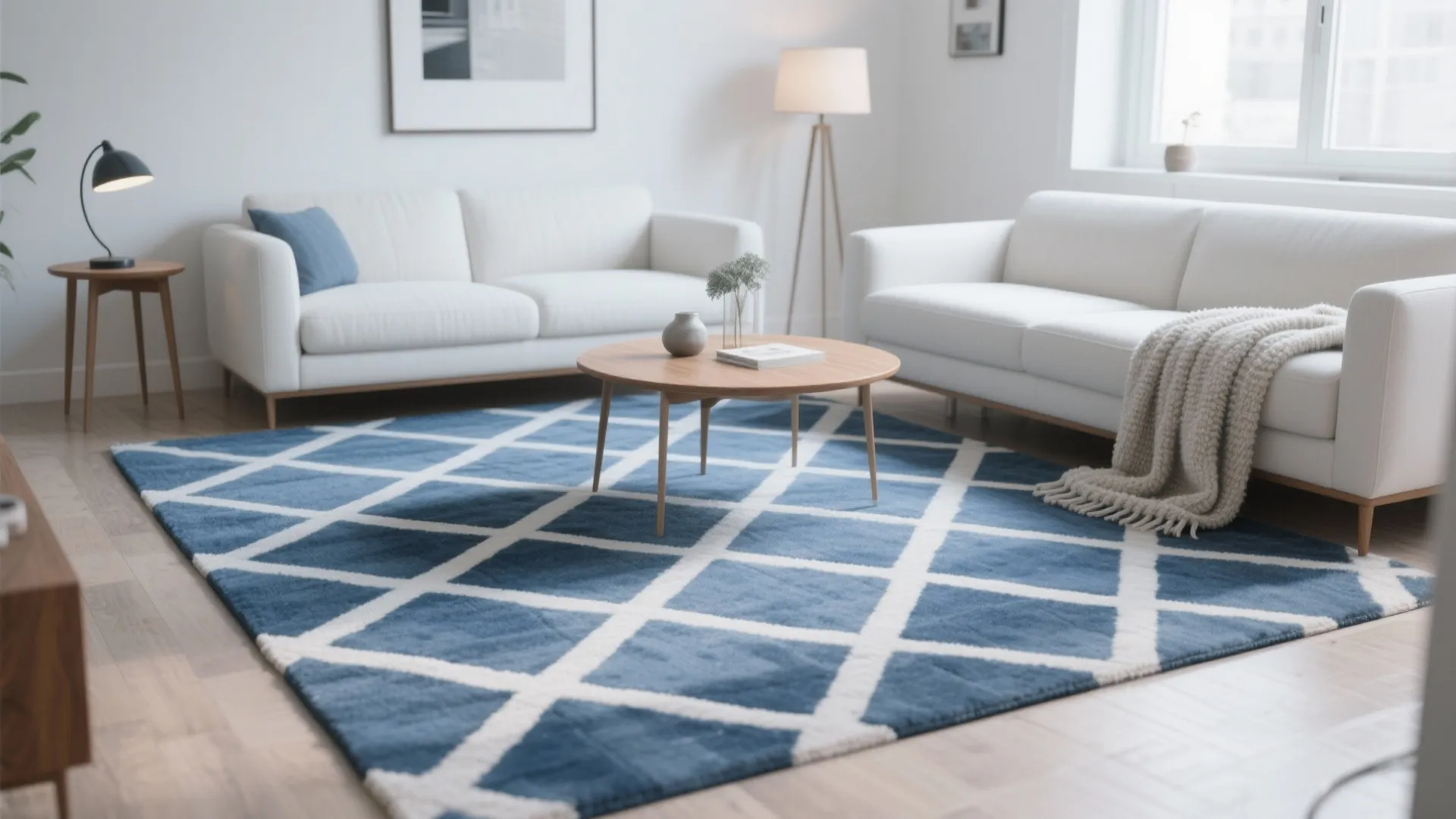 Modern living room with white sofas and blue geometric pattern rug on light wooden floor area