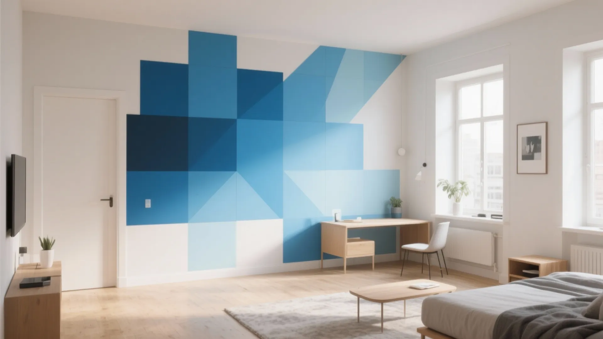 Modern room featuring blue geometric wall art with a wooden desk, white chair, and floor