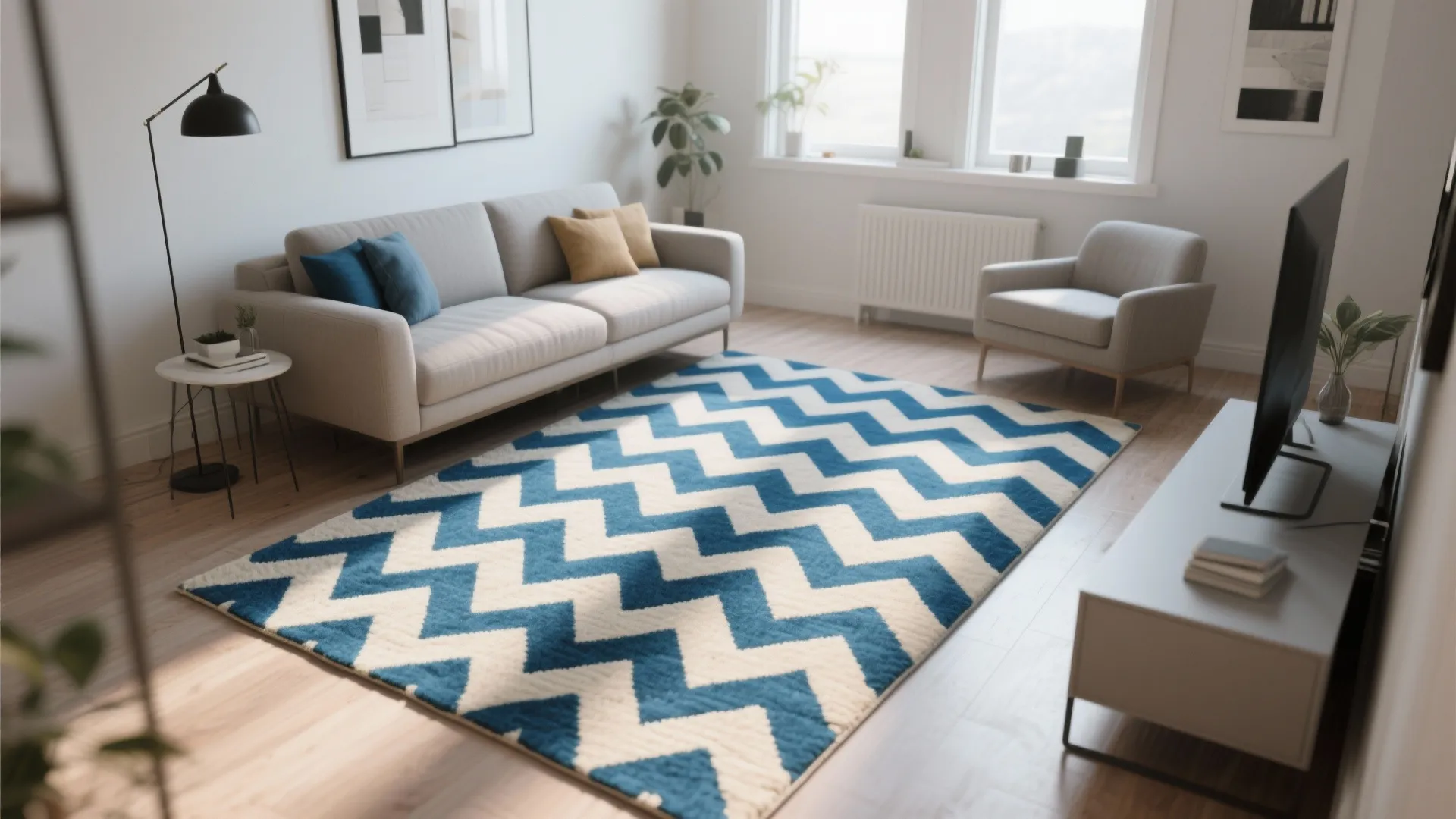 Small living room with a geometric blue-and-cream chevron rug energizing the layout.