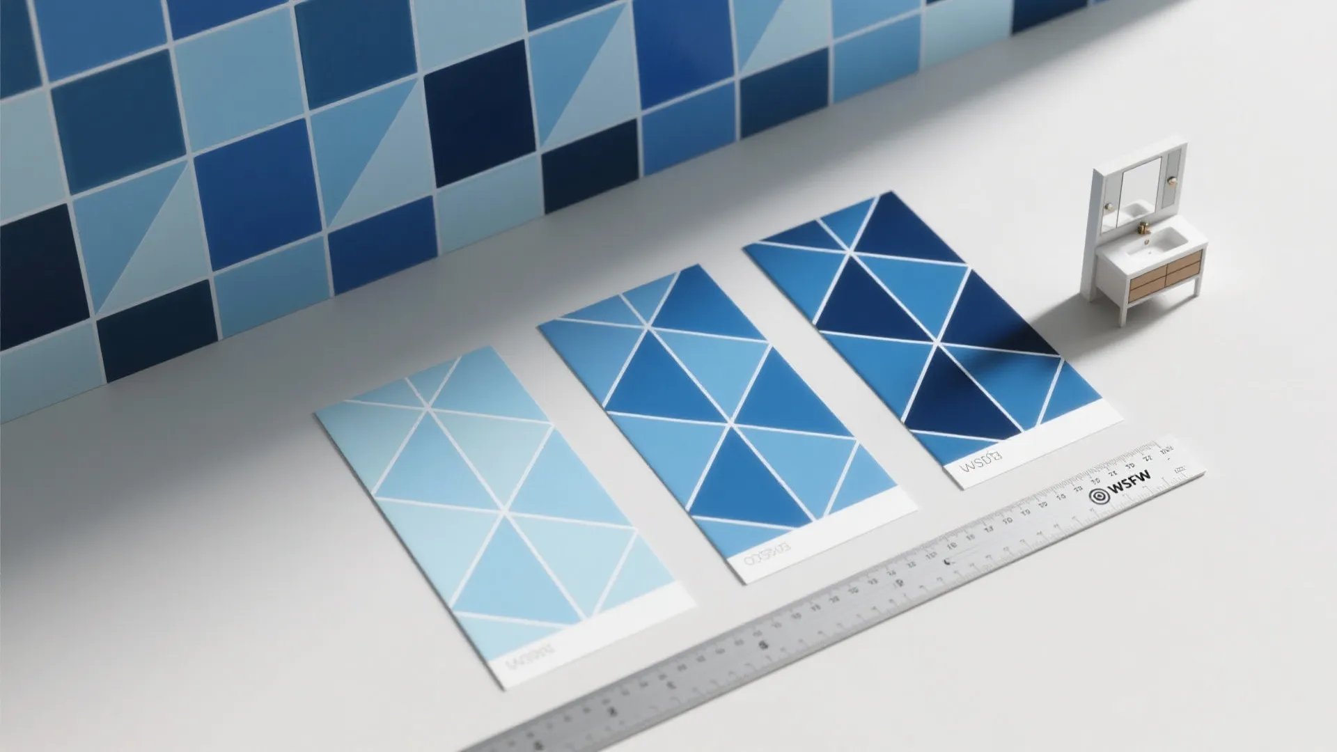 Blue geometric tile samples on white surface with ruler and miniature bathroom sink model display
