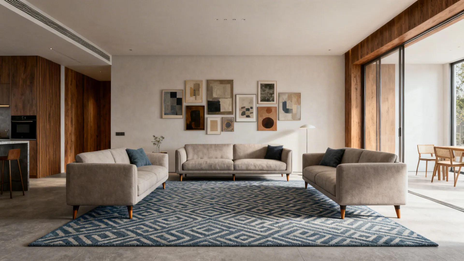 Open-plan living area anchored by a large muted blue-grey geometric rug under sofas and a coffee table.