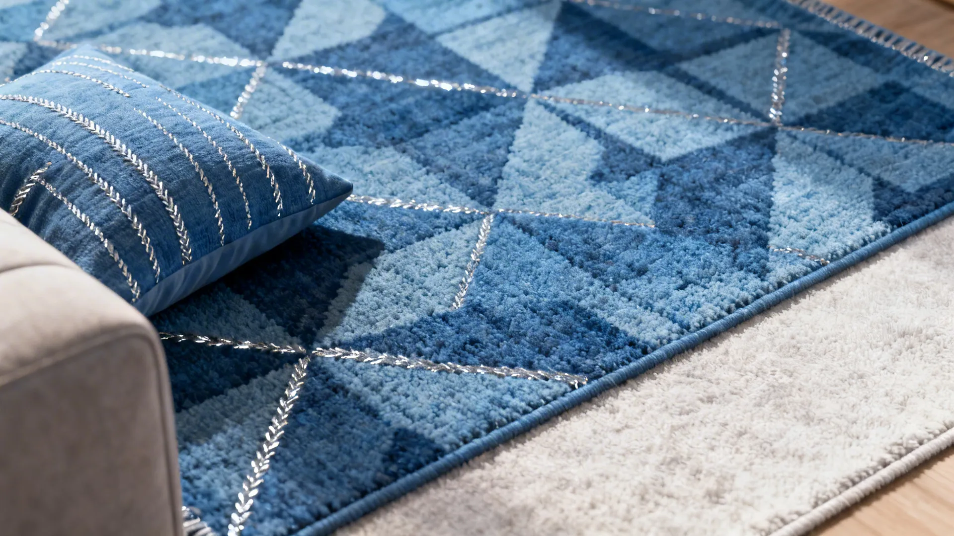 Close-up of geometric blue rug and pillow with subtle silver threading, showing texture and pattern.
