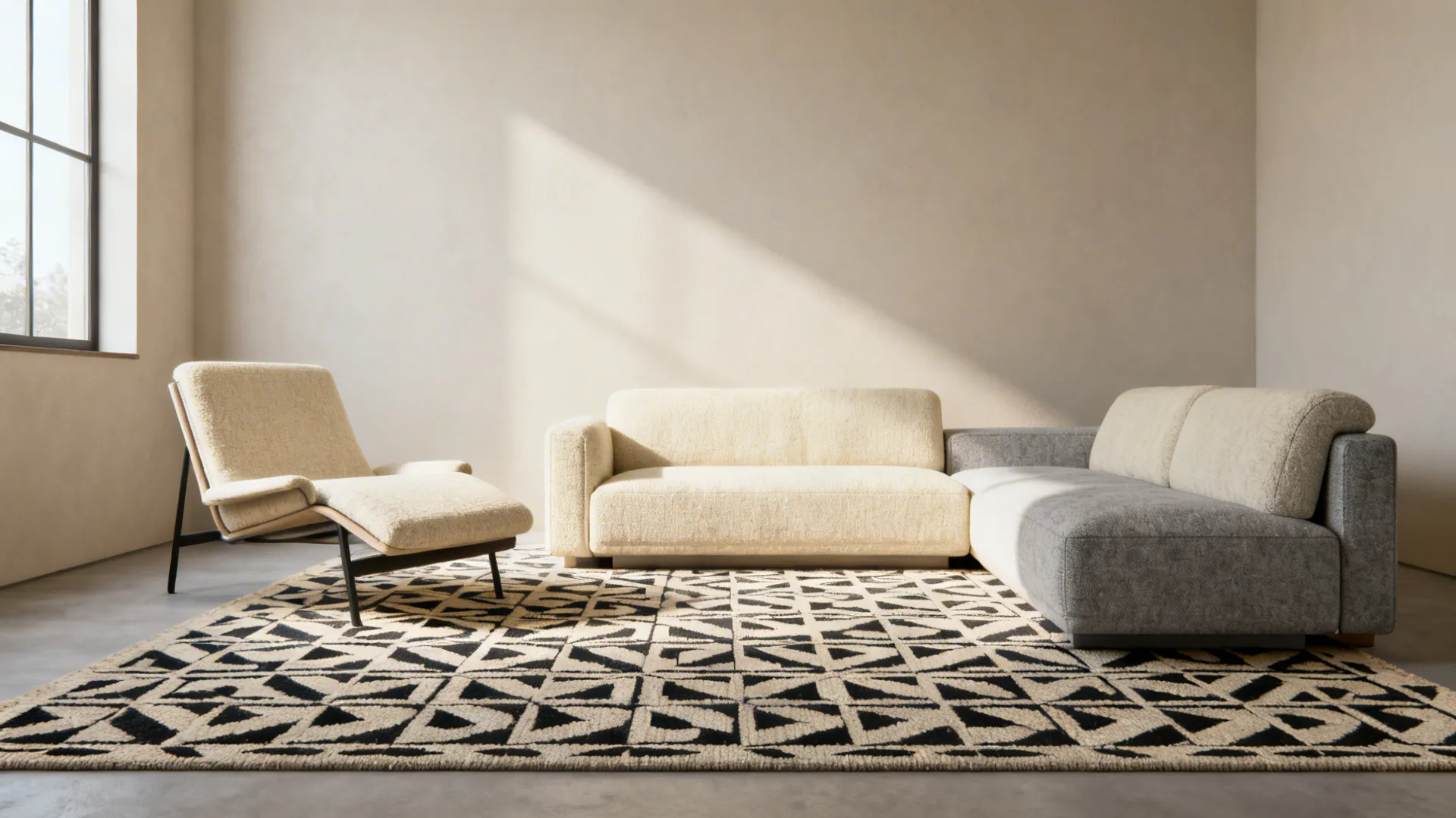 Minimal seating anchored by a geometric mid-century rug with strong repeat motifs in a small living room.