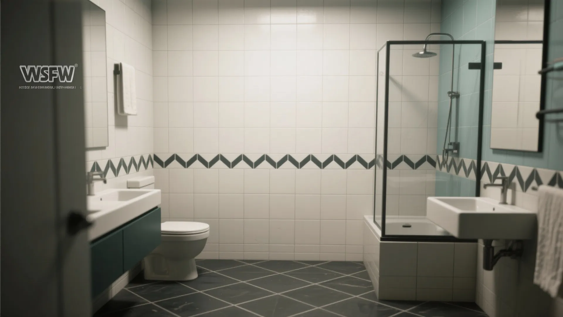 Modern bathroom with white tile walls, black pattern border, glass shower, toilet, and teal vanity