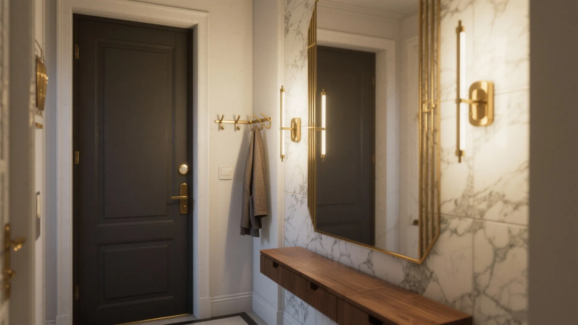 Modern home entryway with black door marble wall gold wall light wood cabinet and mirror