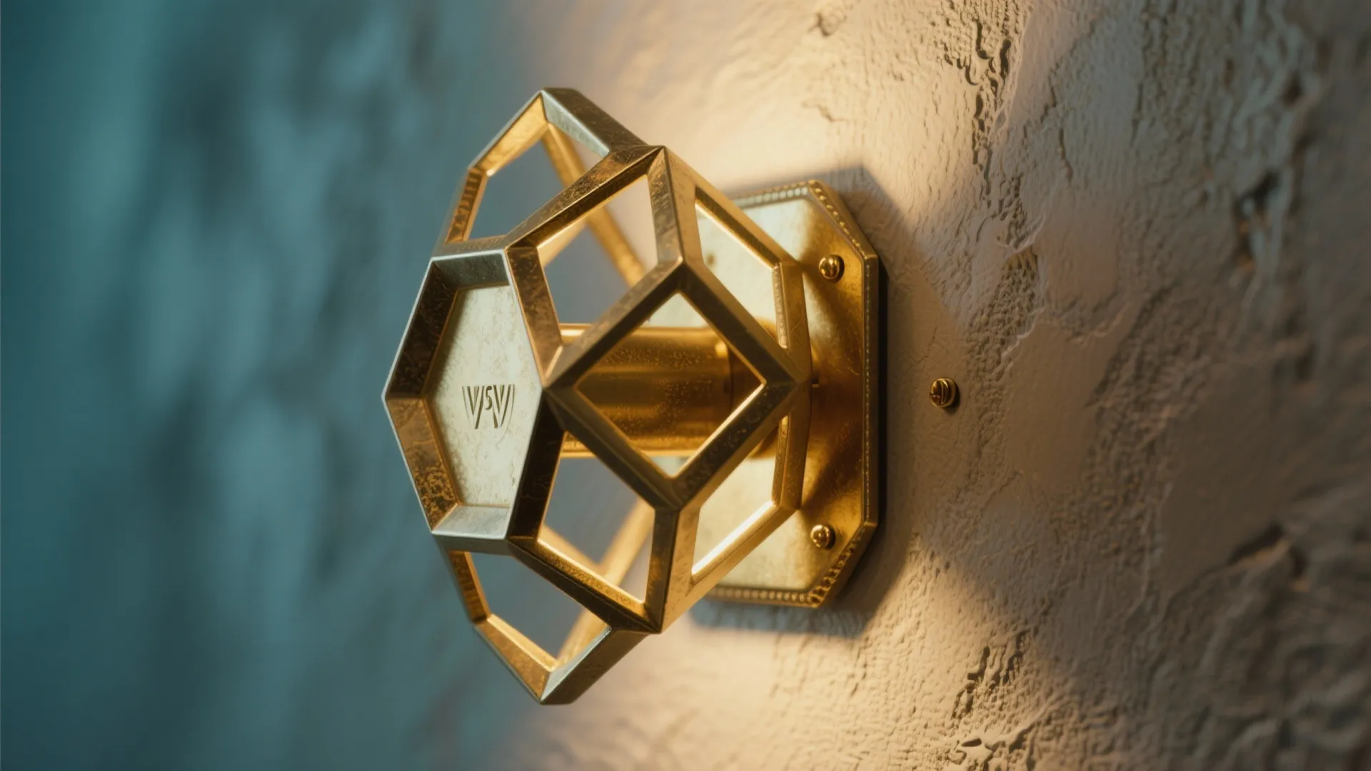 Modern gold geometric wall light fixture mounted on a textured white wall providing warm indoor lighting