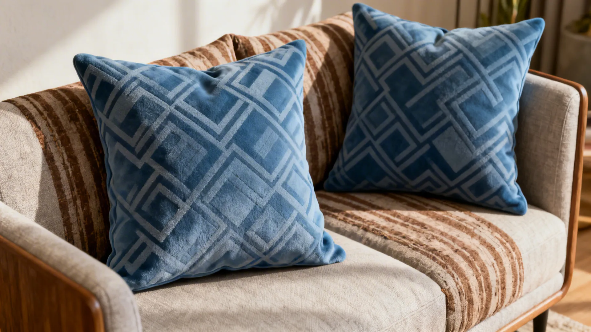 Compact sofa styled with geometric blue pillows and brown striped cushions for curated rhythm.