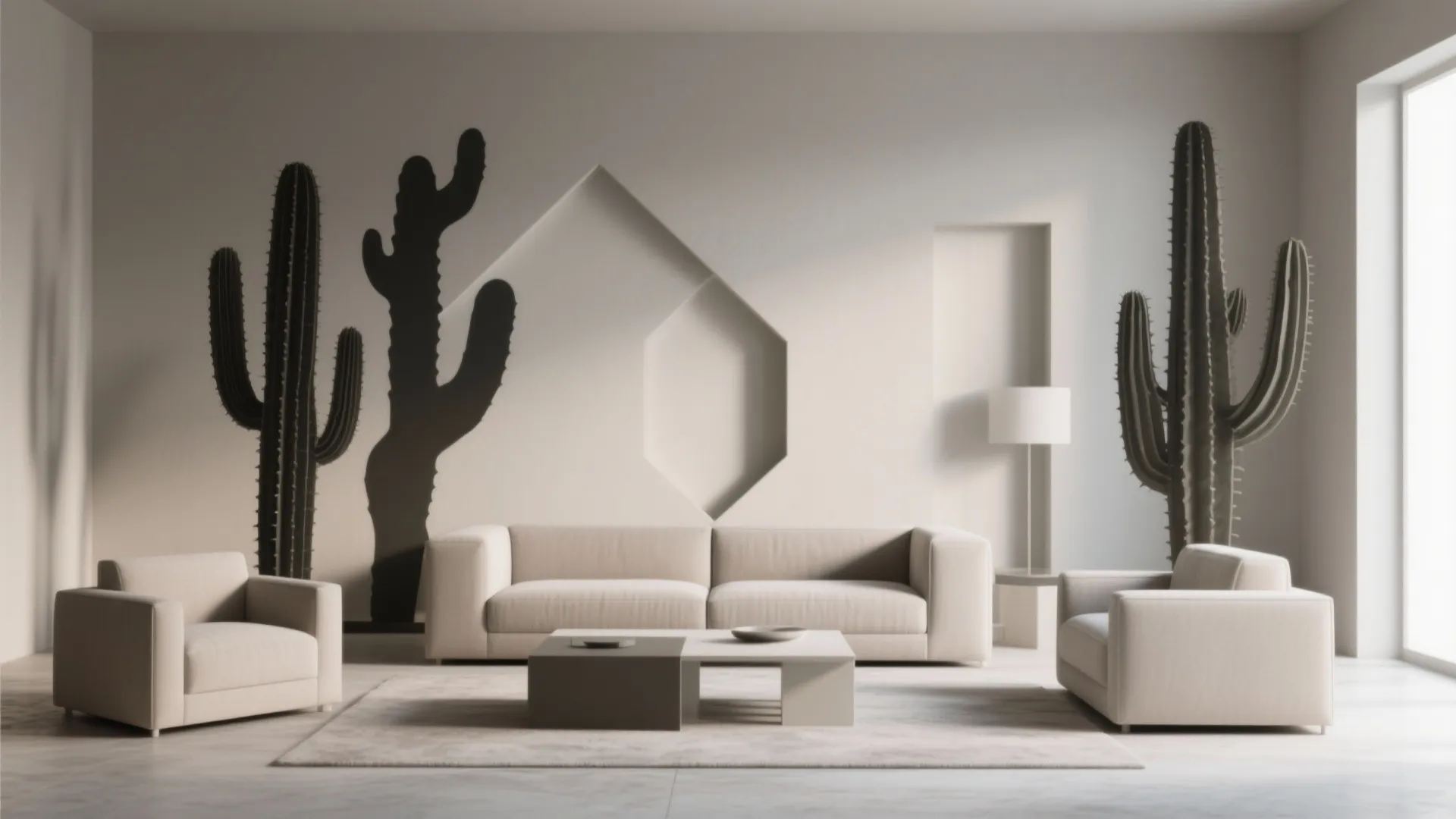 Minimal modern room with geometric cactus silhouettes and large areas of negative space.