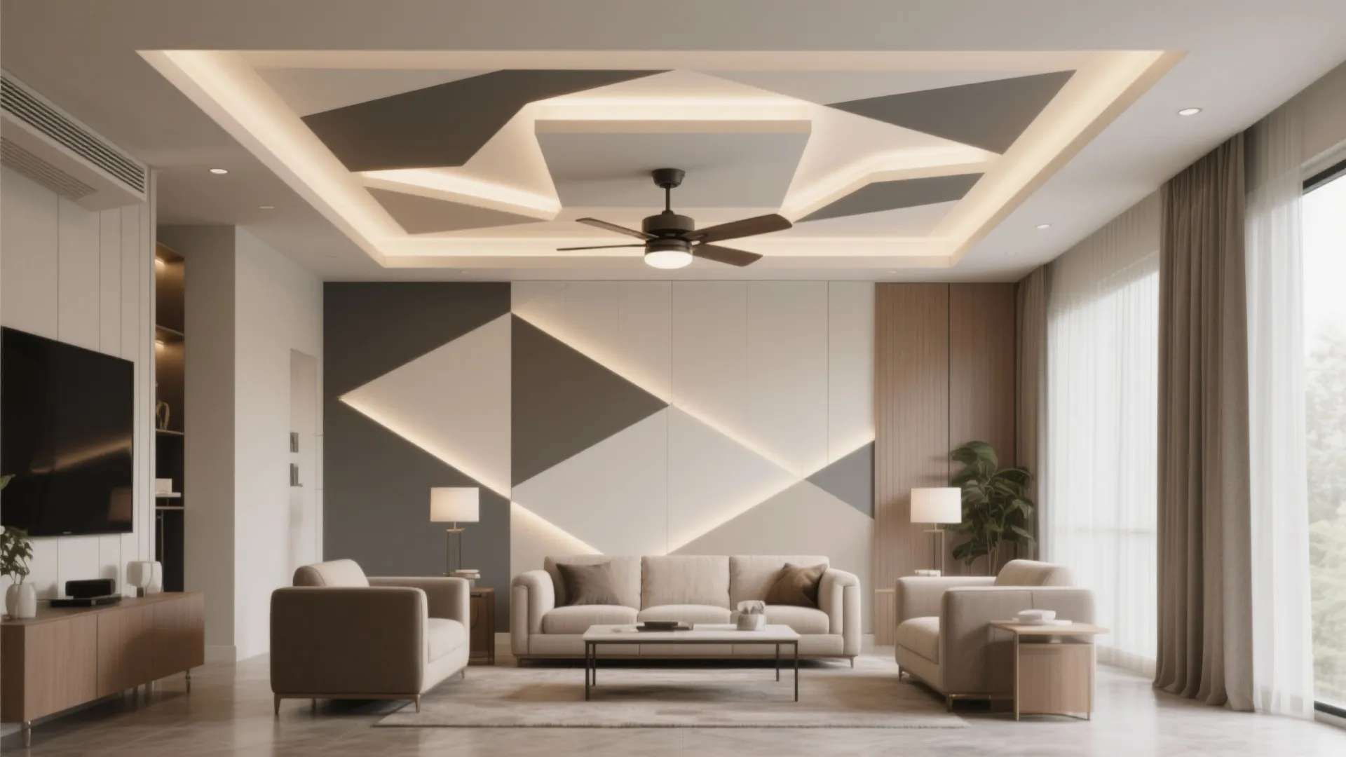 Modern living space with geometric layered false ceiling design