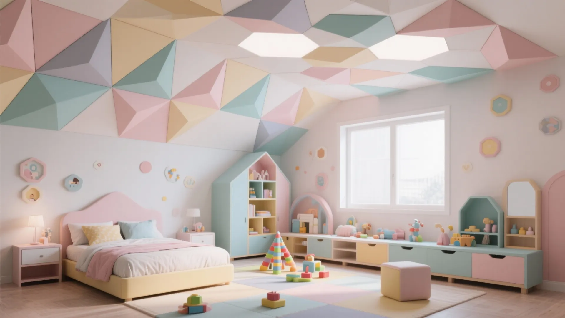 Colorful kids bedroom featuring a pastel geometric ceiling design with bed and integrated storage cabinets