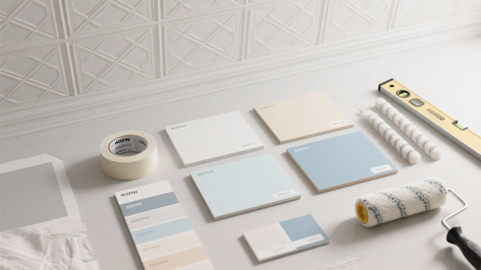 Interior design tools including blue paint samples masking tape paint roller and a yellow level