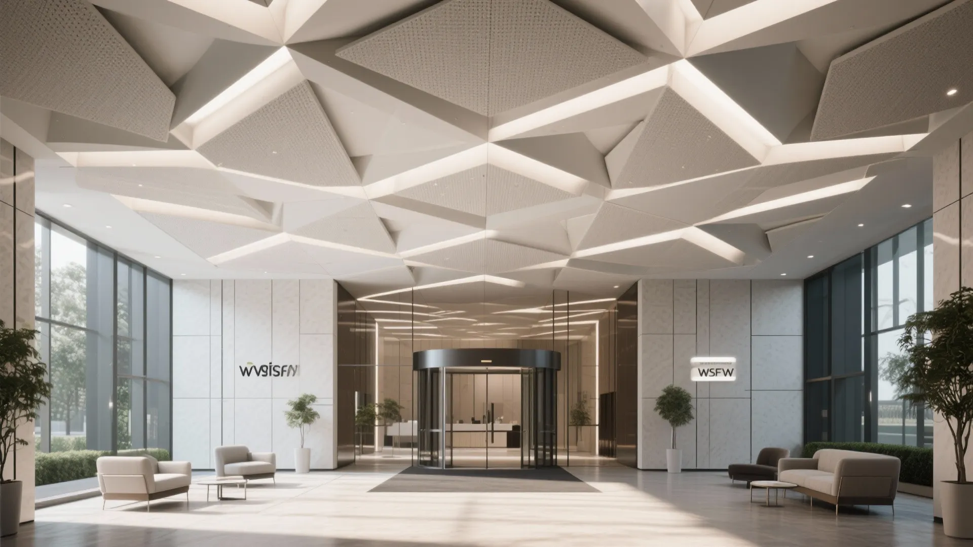 Geometric ceiling panels with dramatic light in lobby