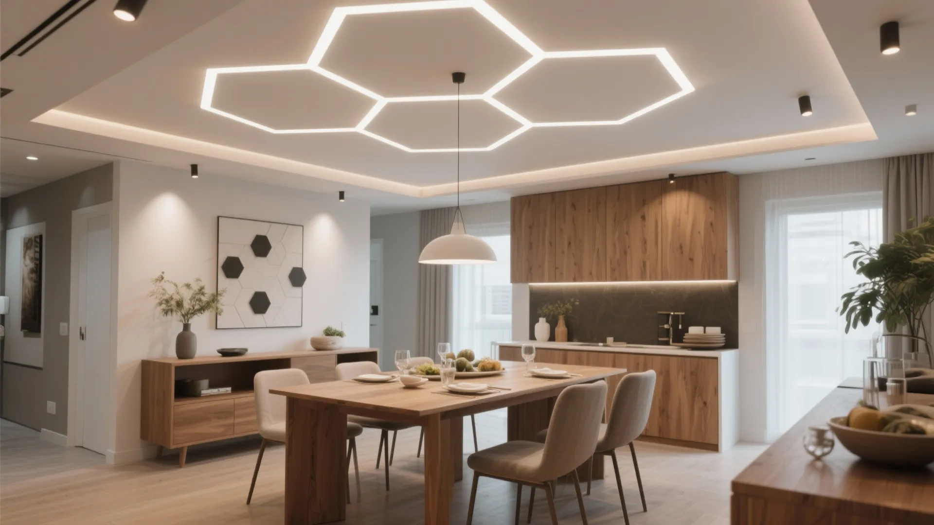 Modern dining area featuring wooden cabinets and unique hexagon shaped light patterns on the ceiling