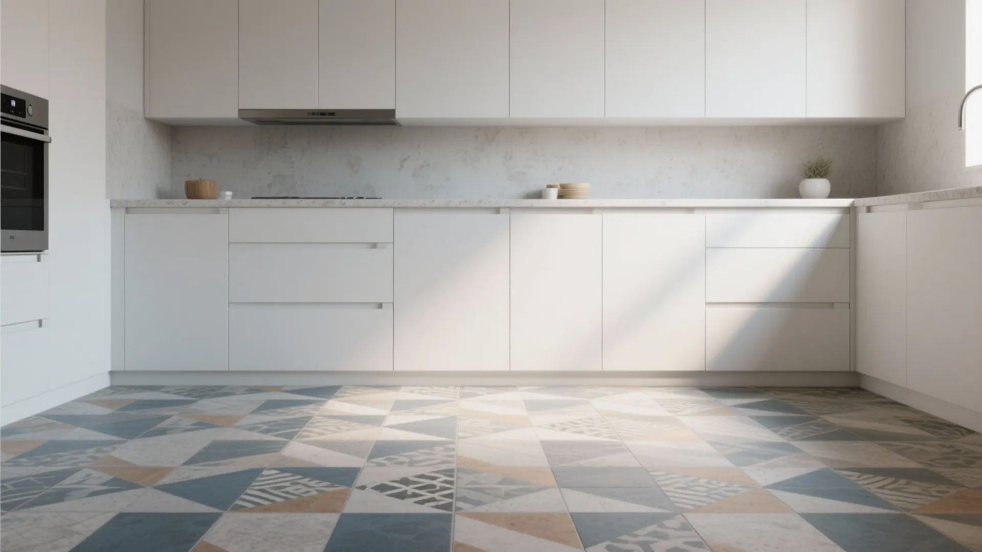 White cabinetry framed by bold geometric cement-look tiles creating a graphic focal floor.