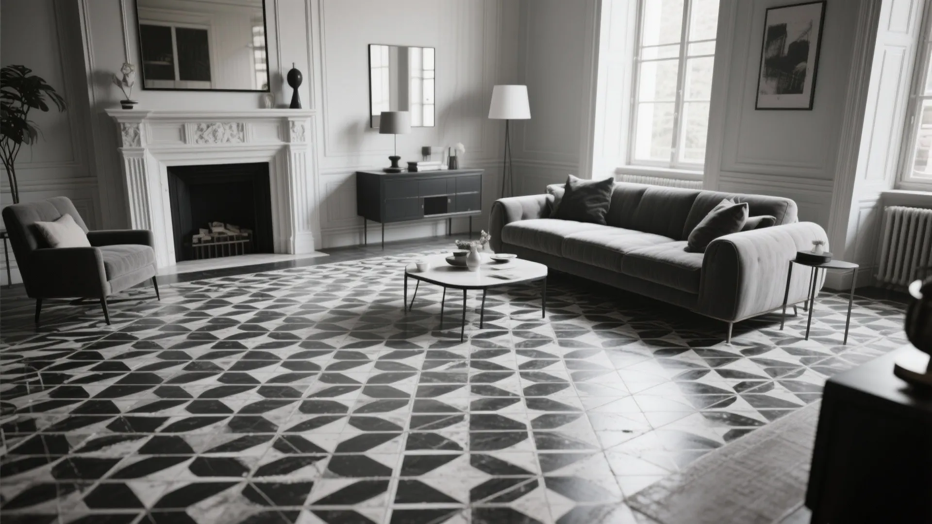 Living room interior with black and white geometric floor tiles grey sofa fireplace and cabinets