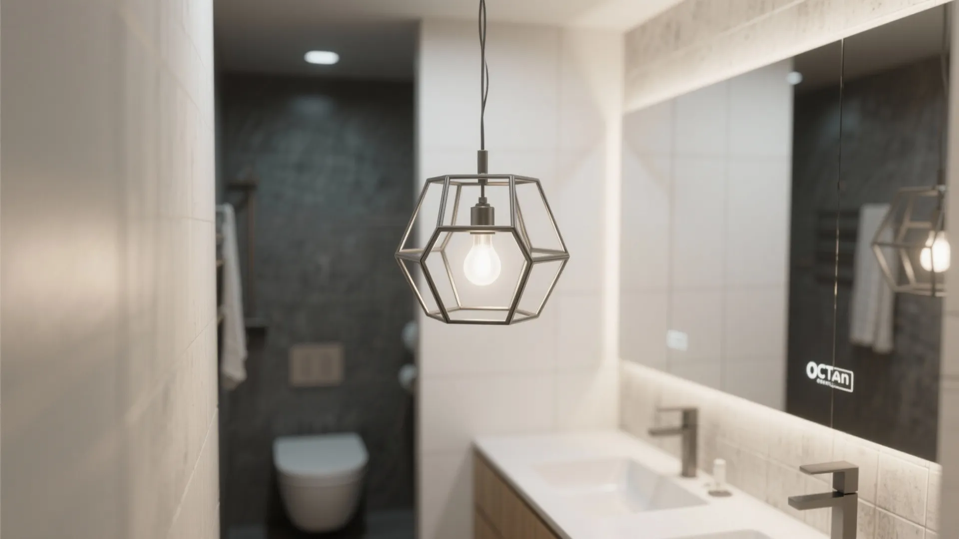 Modern bathroom featuring a geometric metal ceiling light fixture with a large lighted wall mirror