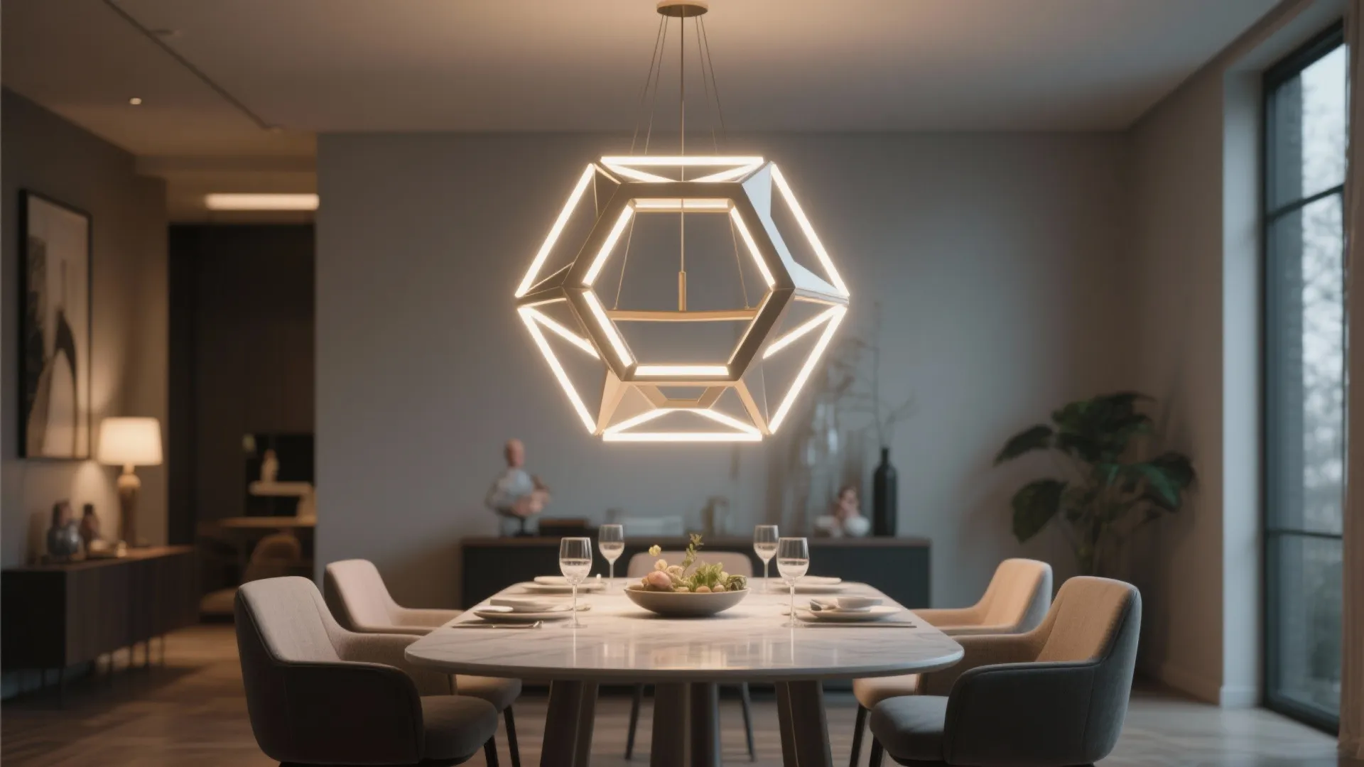 Modern dining area featuring a large geometric ceiling light over a marble table and chairs