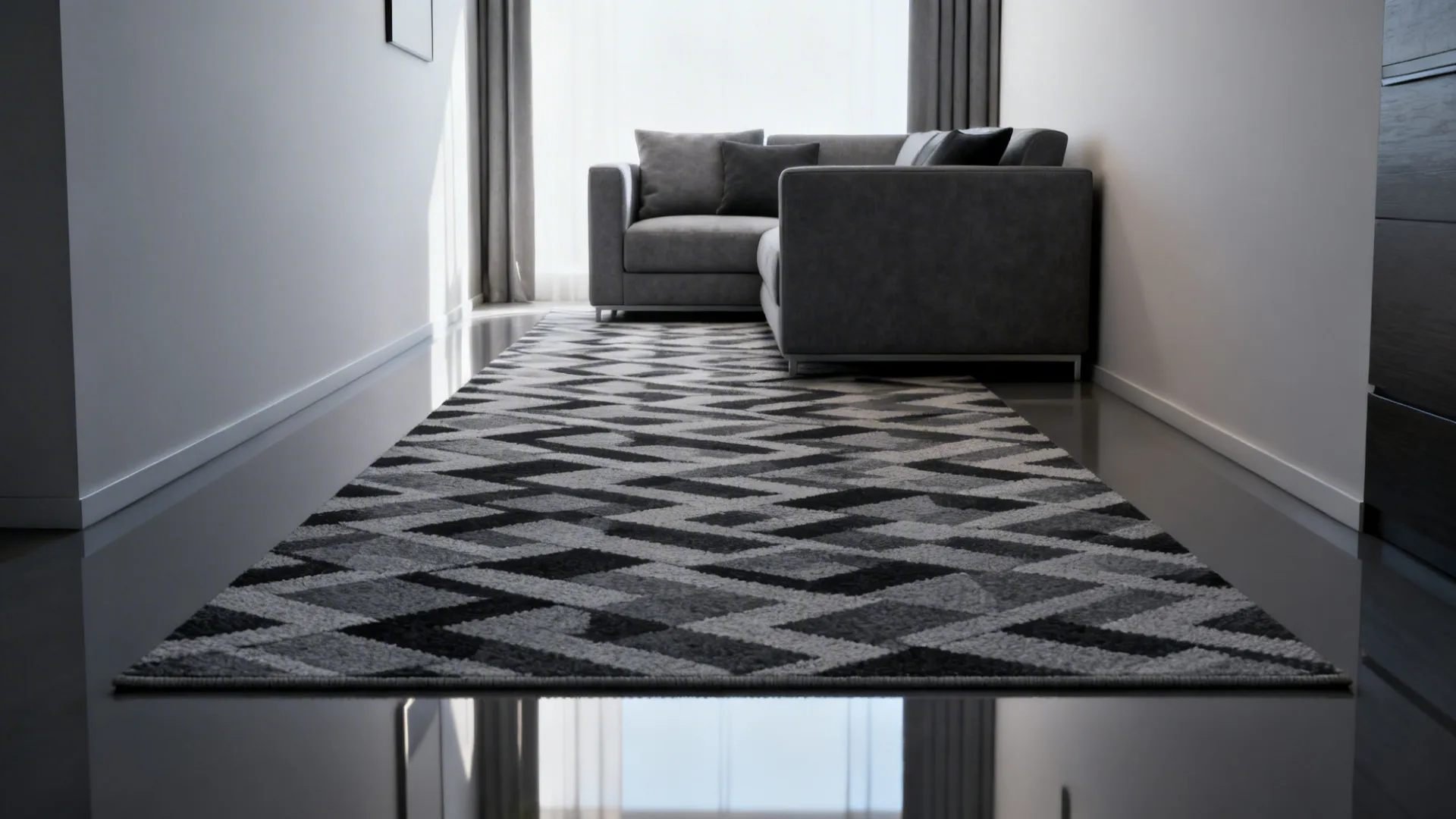 Narrow living room with a low-contrast charcoal-on-dove-grey geometric rug elongating the space.