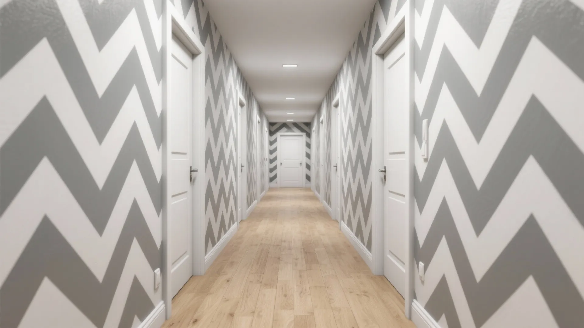 Long hallway with grey and white chevron wall panel design multiple white doors and wooden floor