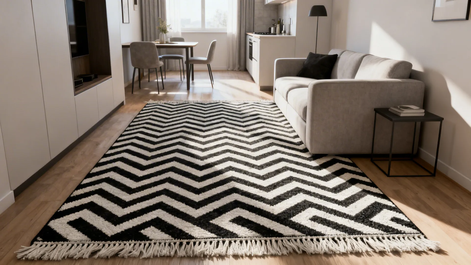 Compact living area with a bold black-and-white chevron rug and neutral seating.