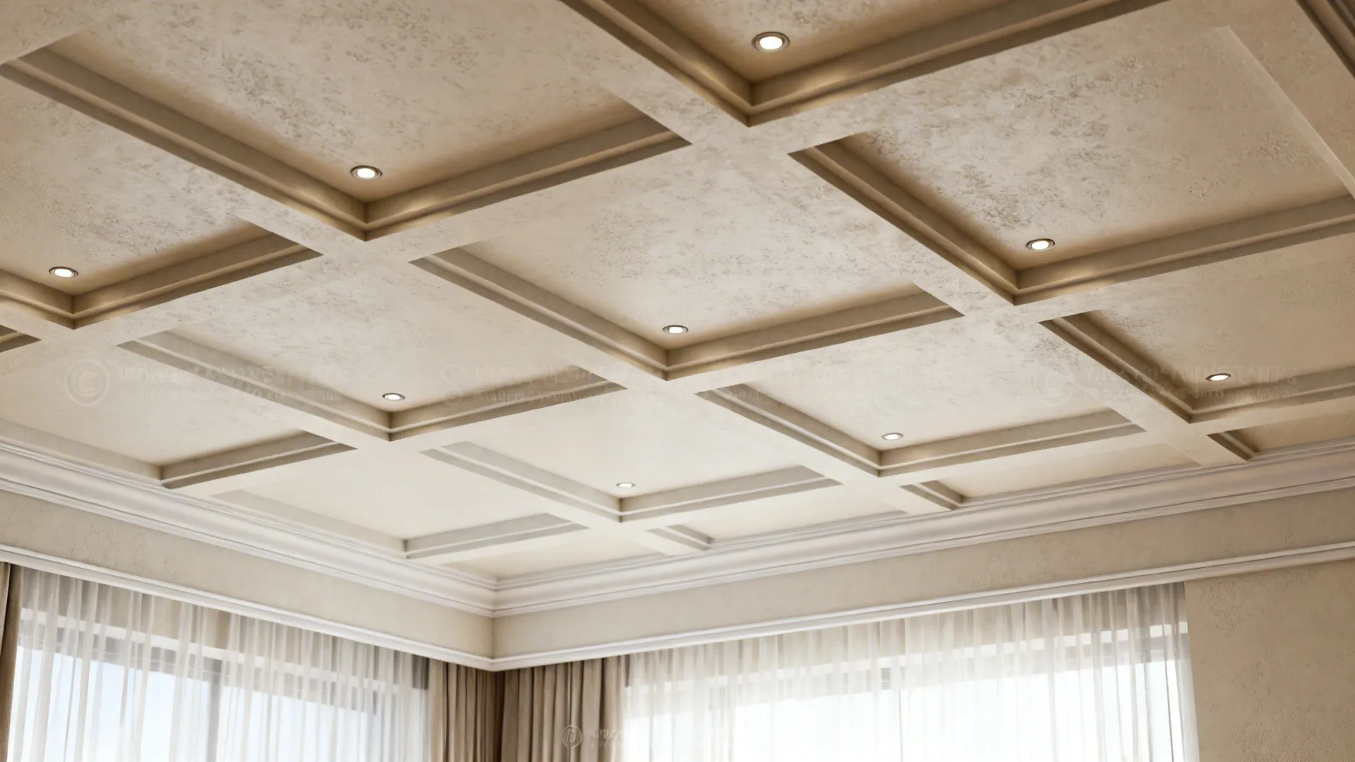 Beige ceiling with small lights in square patterns above white curtains and bright glass windows