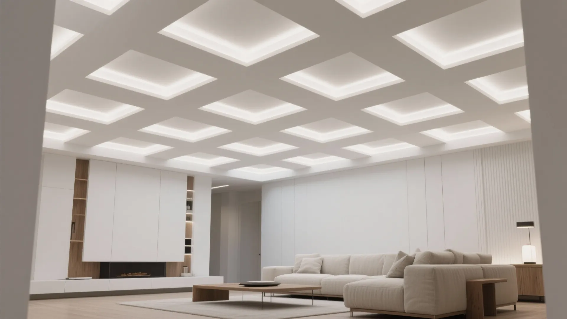 Modern living room featuring a grid pattern ceiling light with white sofa and wooden table