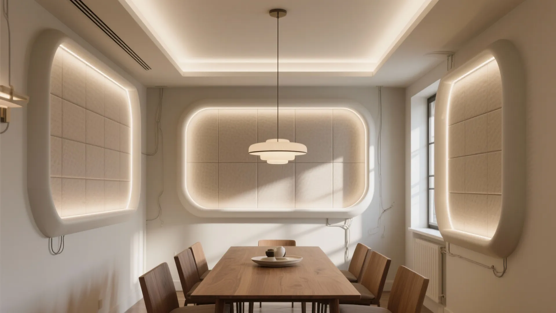 Dining area featuring a wooden table and chairs with glowing wall panels and ceiling light