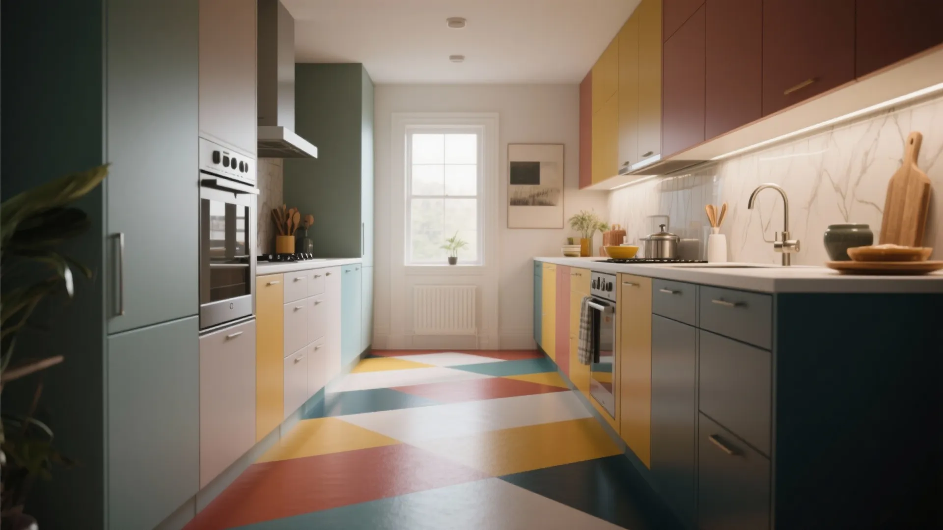 Galley kitchen with bold geometric color-blocked painted floor and crisp taped edges.