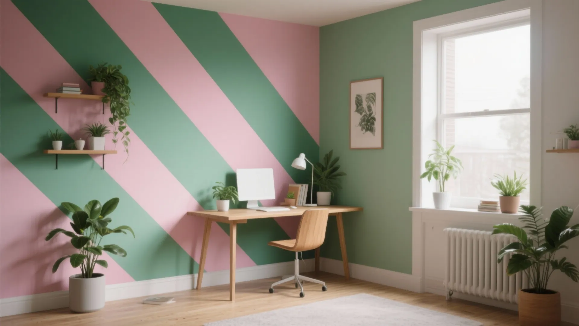 Home office with pink and green striped wall plus wooden desk and several green plants