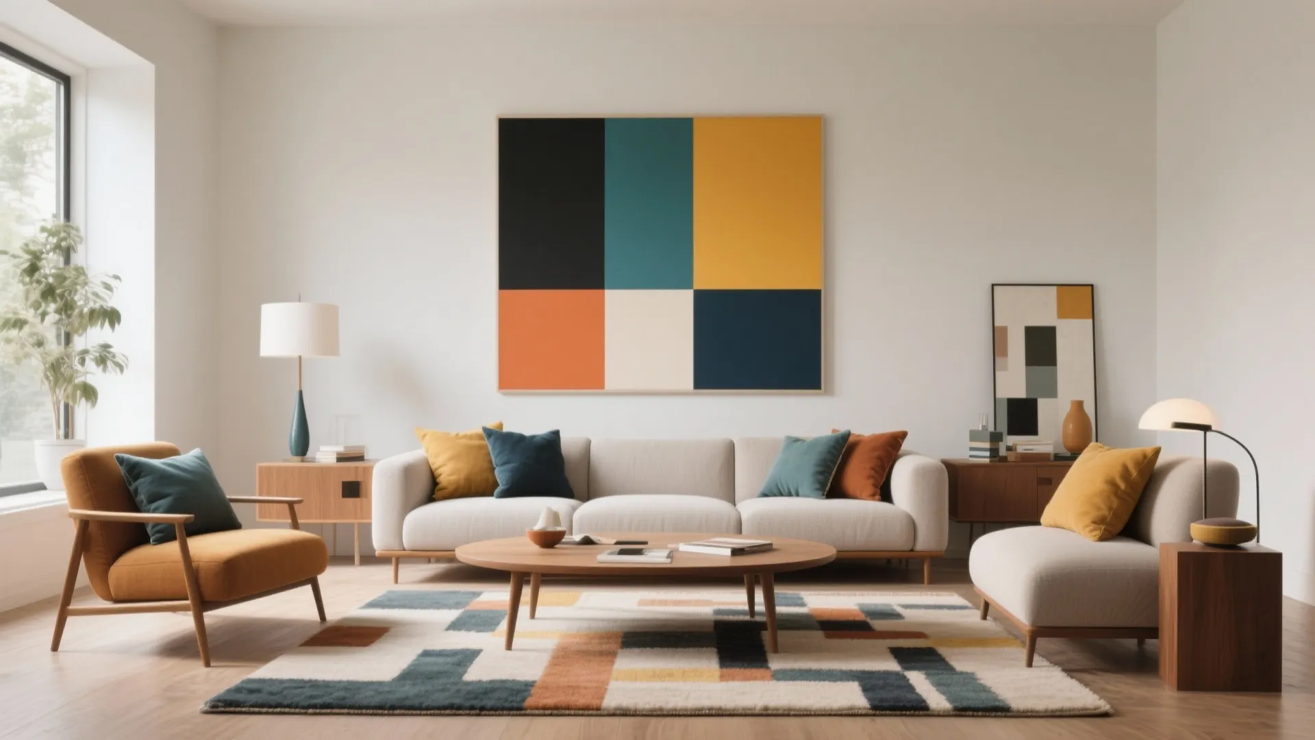 Geometric color block canvas art in a mid-century modern living room