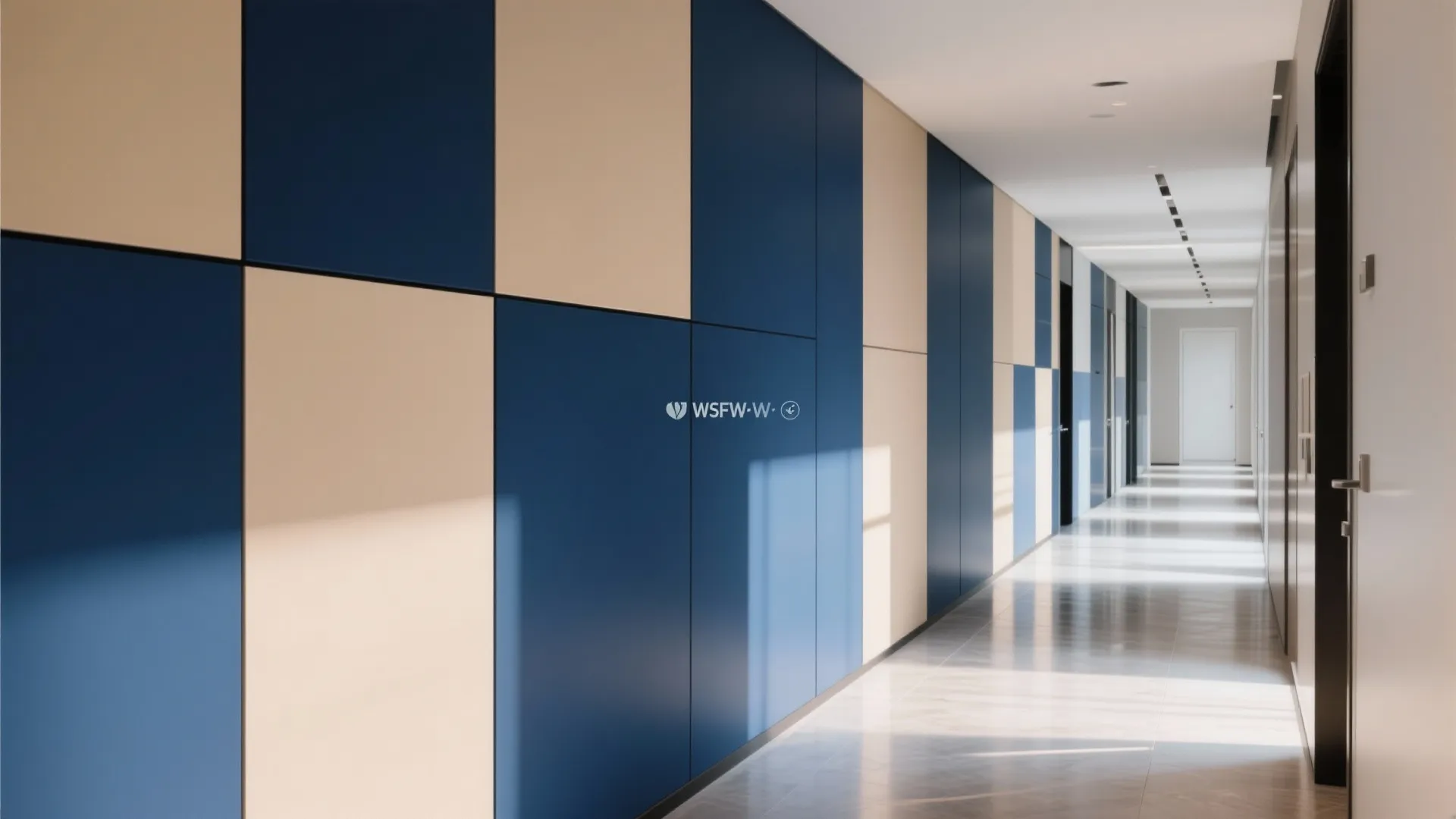 Long hallway with large blue and beige geometric wall panels plus bright natural sunlight reflections