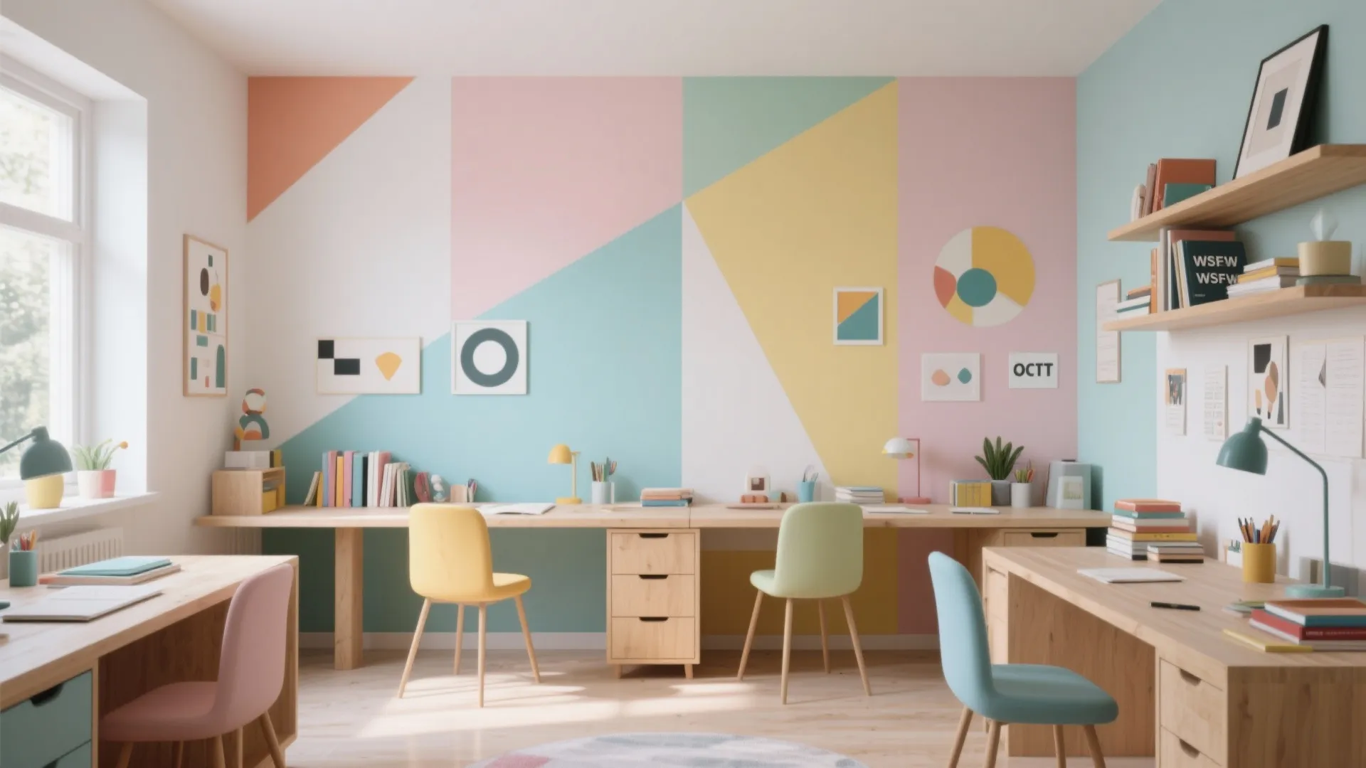 Colorful study room for kids with geometric wall painting long wooden desks and bright chairs
