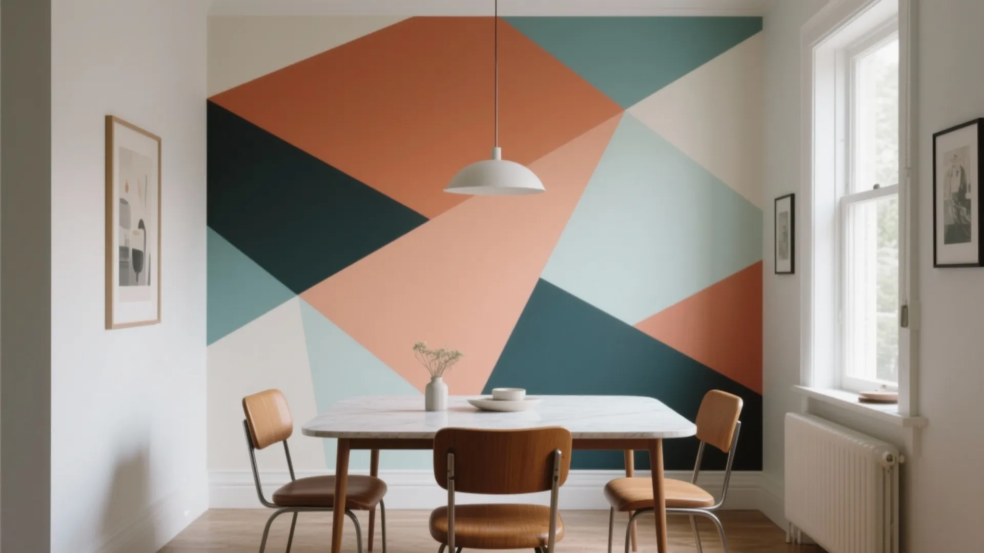 Small dining room with a geometric color-block mural in a mid-century palette and a warm accent hue.