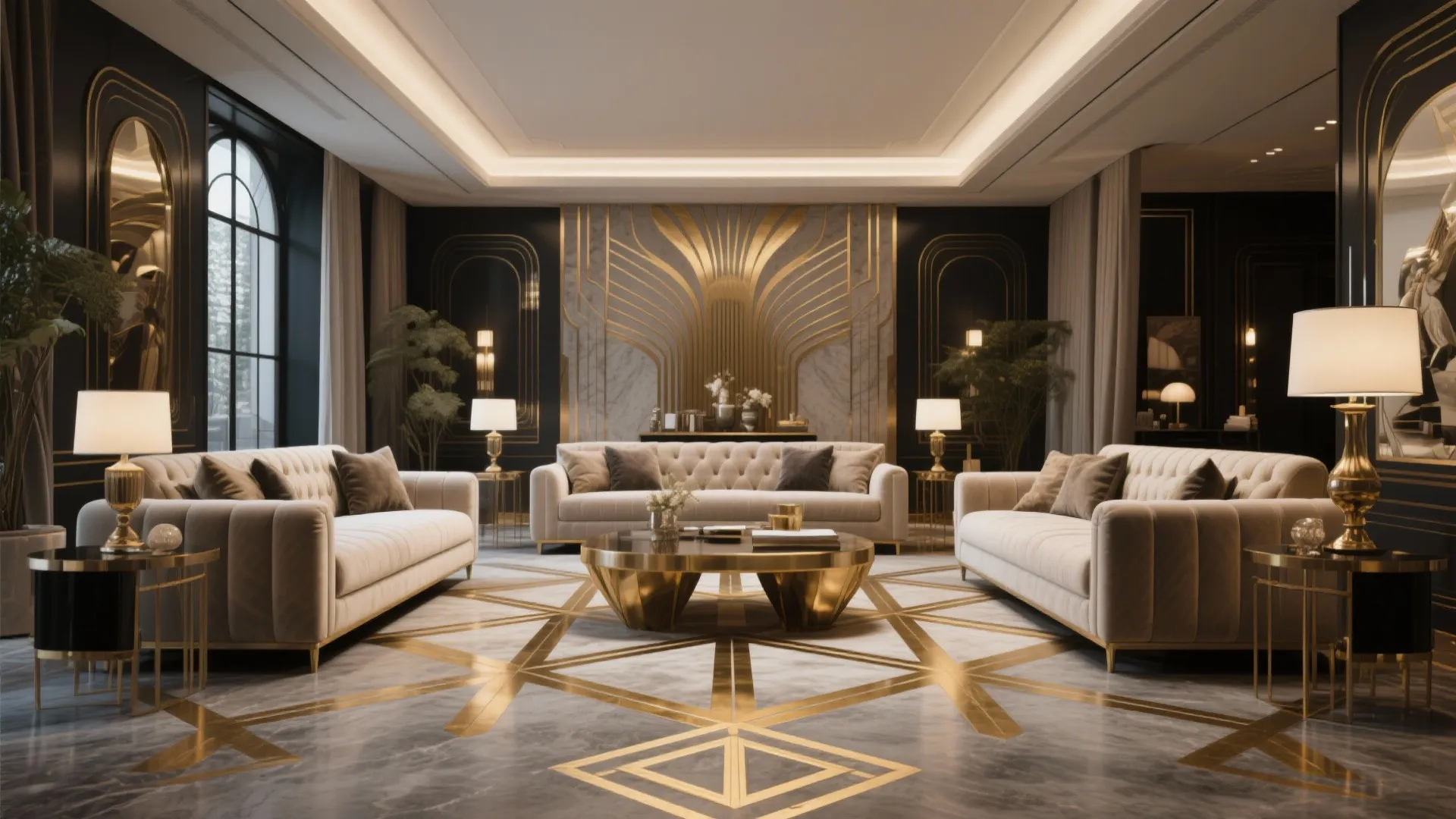 Luxury living room with three beige sofas gold coffee table wall lights and decorative panels
