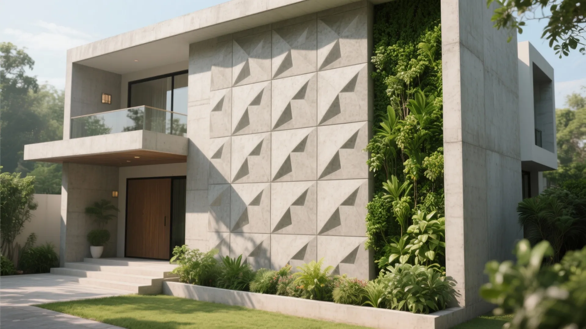 Modern concrete house with geometric wall panels, vertical green garden, glass balcony, and grass lawn