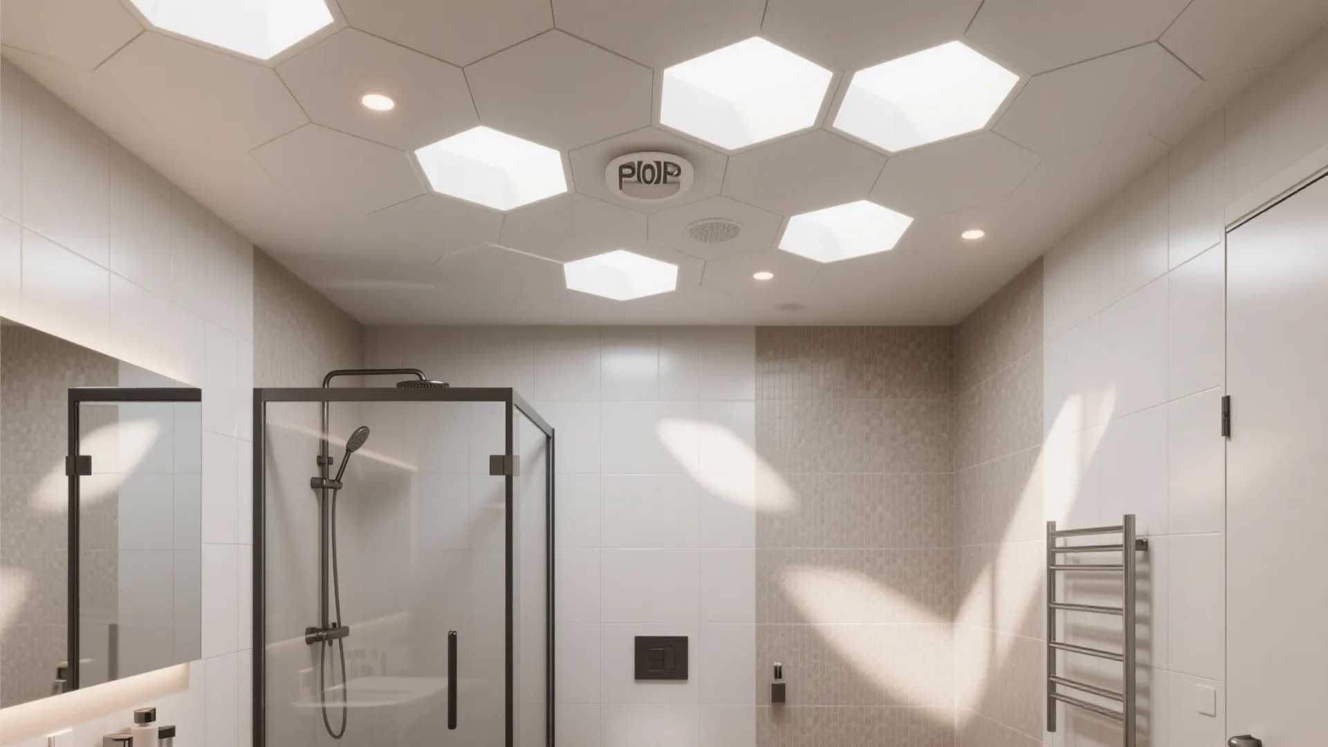 Modern bathroom with hexagon ceiling light panels black shower frame white wall tiles and mirror