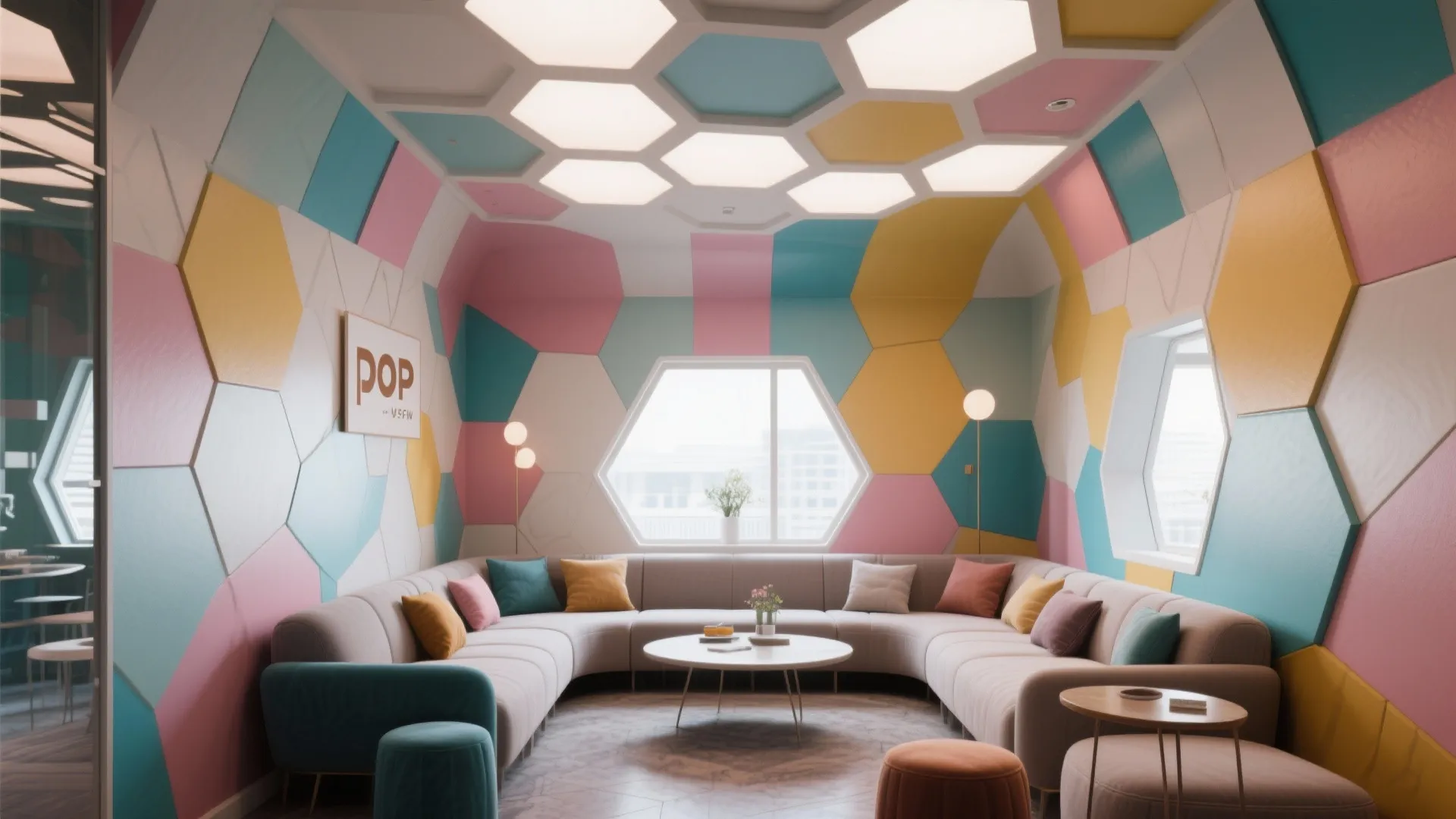 Modern colorful room with hexagon wall panels large curved sofa coffee table and honeycomb ceiling lights