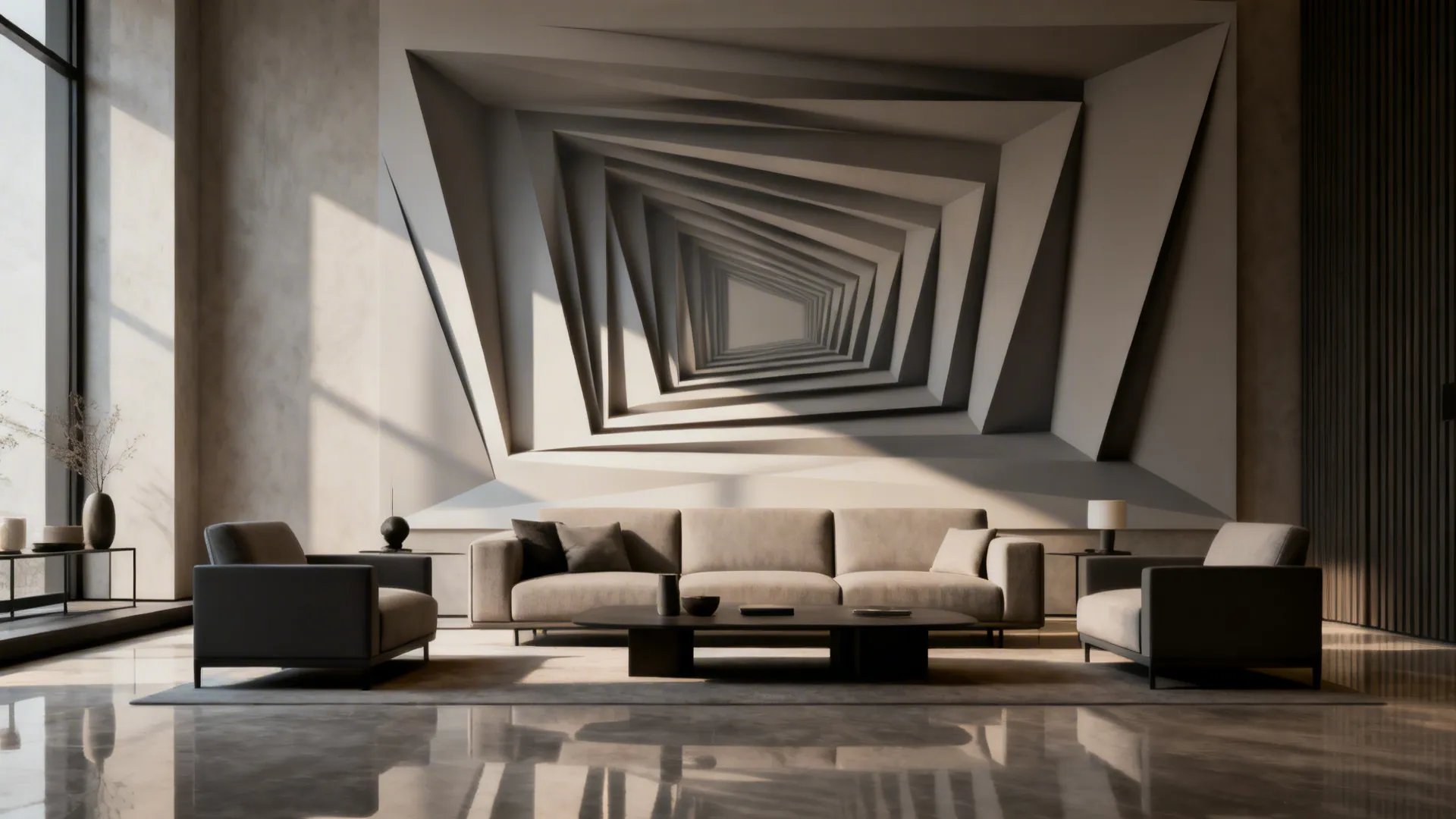 Minimalist living room with a geometric 3D mural that creates optical folds and sculptural depth.