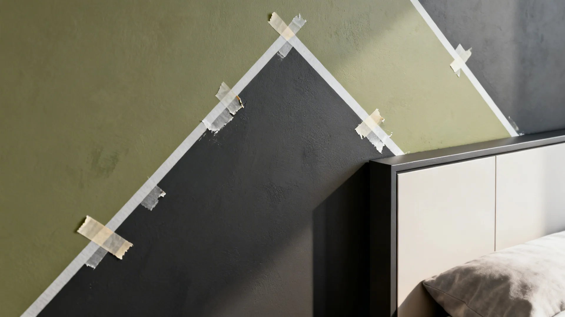 Close-up of geometric paint tape and crisp triangles in olive and charcoal on a bedroom wall.