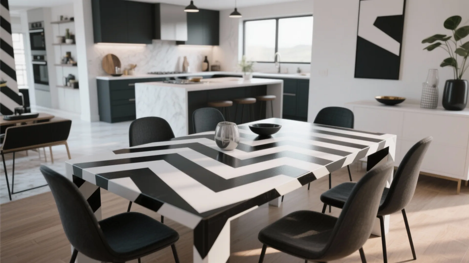 Dining table with painted geometric black and white patterns