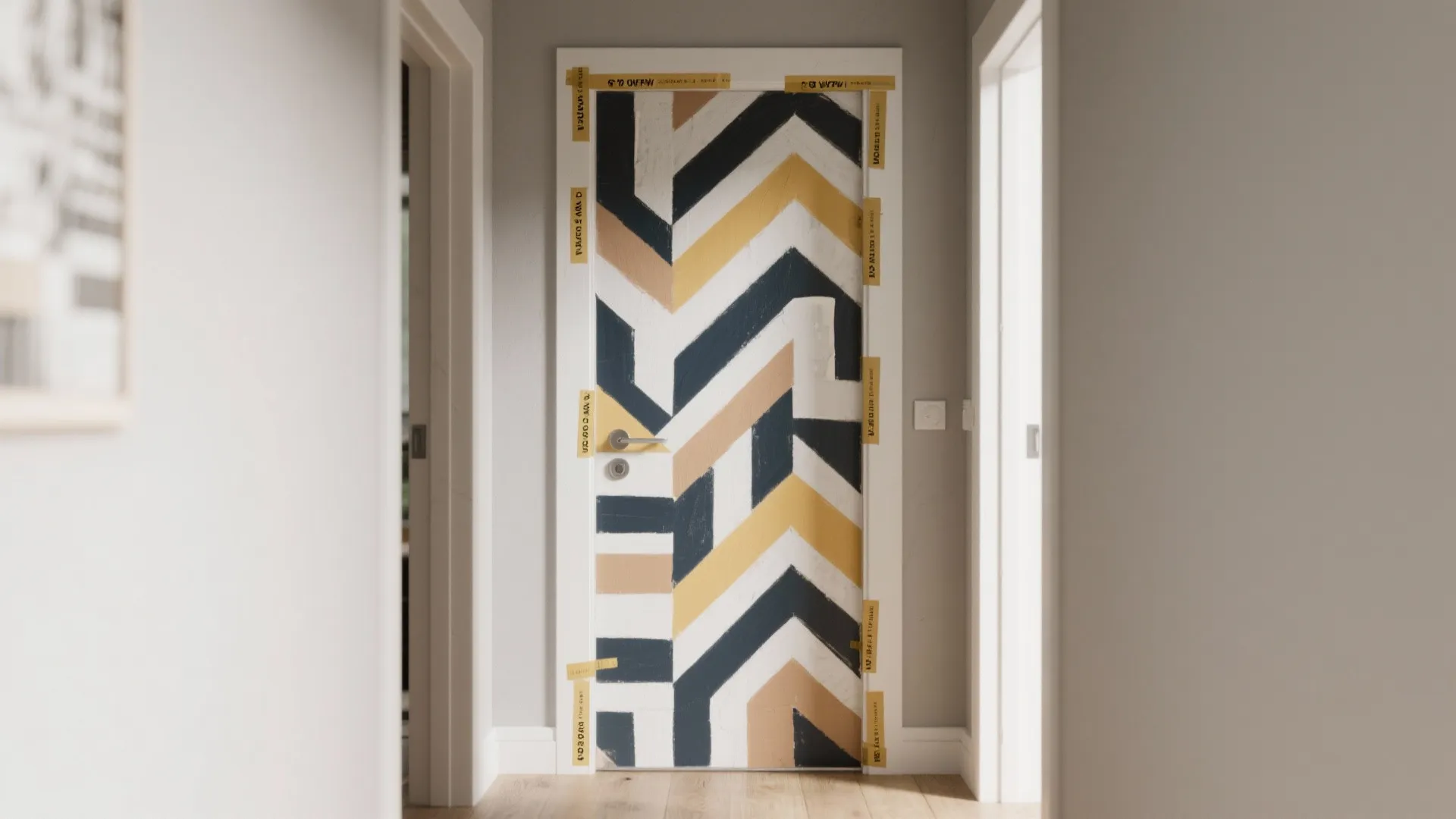 Modern white hallway door with a geometric chevron design painted in black yellow and beige