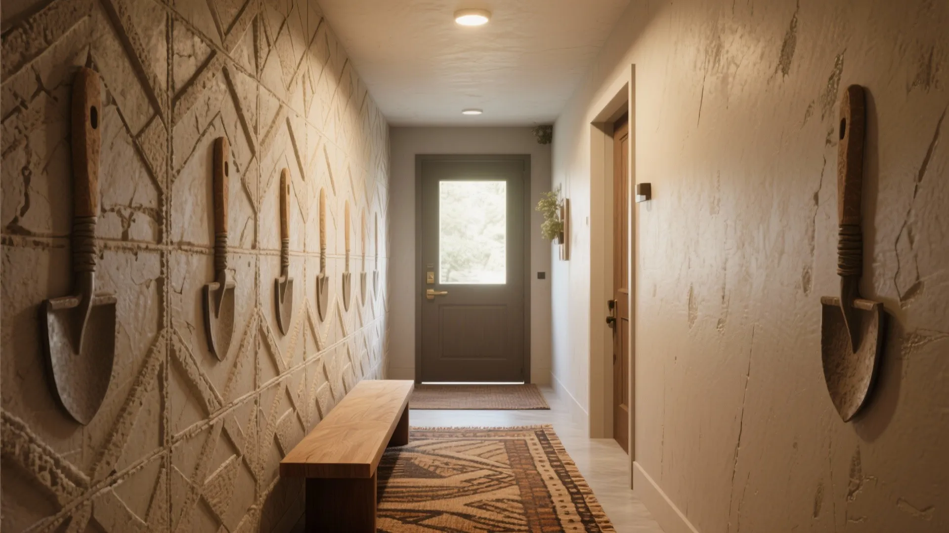 Entryway with a wooden bench, wall lights, textured walls, small rug, and a front door